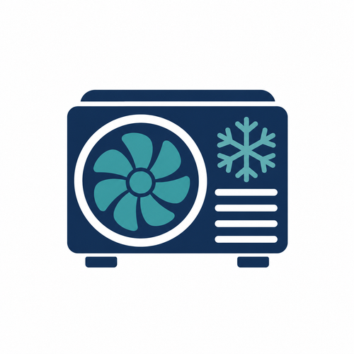 Stylized blue air conditioner icon with a fan and snowflake symbol