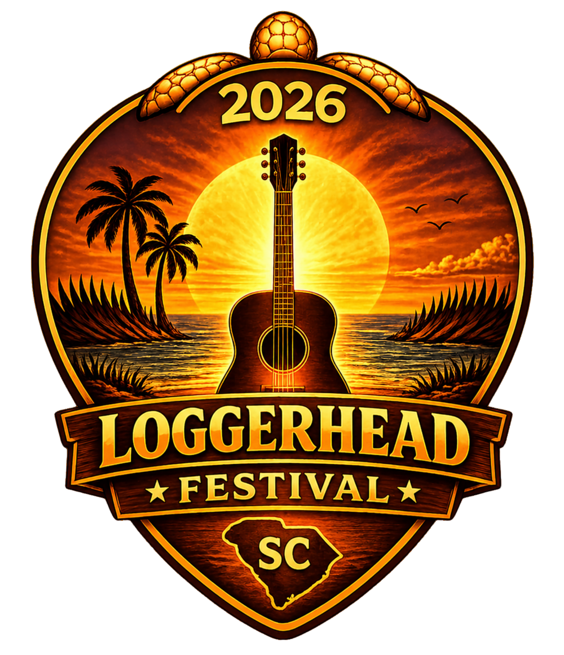 Logo for Loggerhead Country Fest 2026 at Myrtle Beach State Park, featuring a sunset, guitar, and South Carolina map.