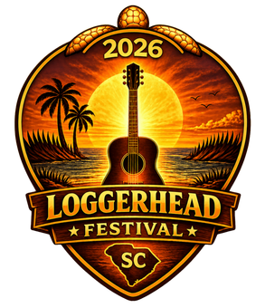 Logo for Loggerhead Country Fest 2026 at Myrtle Beach State Park, featuring a sunset, guitar, and South Carolina map.