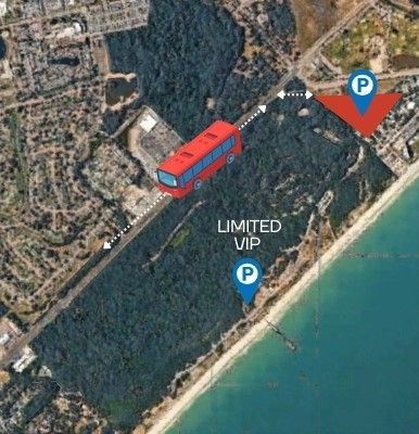 Aerial view of a red bus icon showing a transport route between a general parking area and a limited VIP parking lot.
