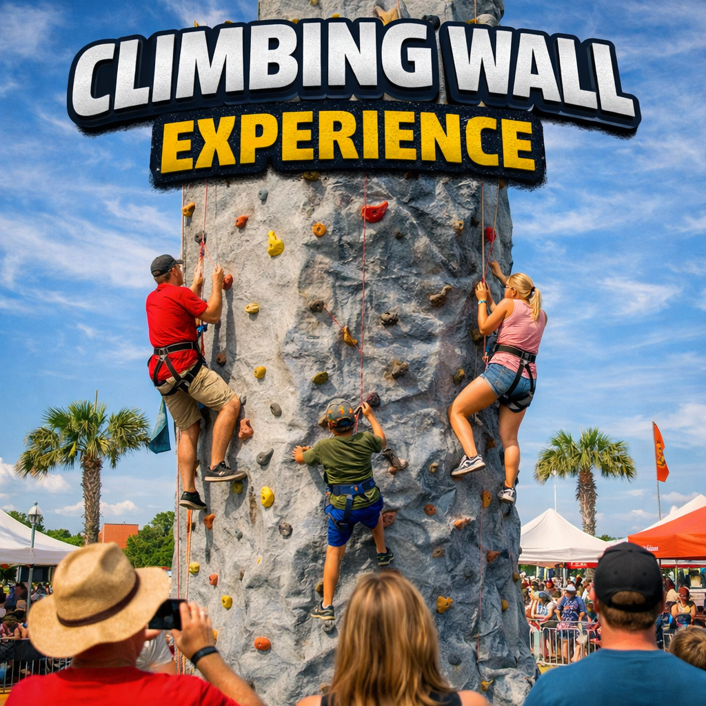 Three people climb a textured outdoor climbing wall under a blue sky, while others watch from below at a public event.