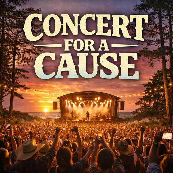 A crowd at an outdoor concert during sunset, with the text 