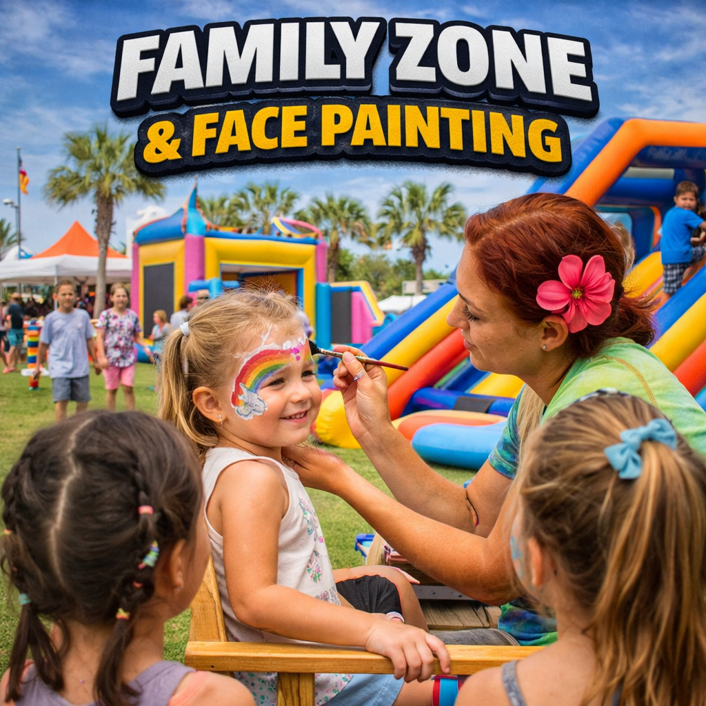 A person paints a rainbow on a child's face at an outdoor festival with inflatable play structures in the background.