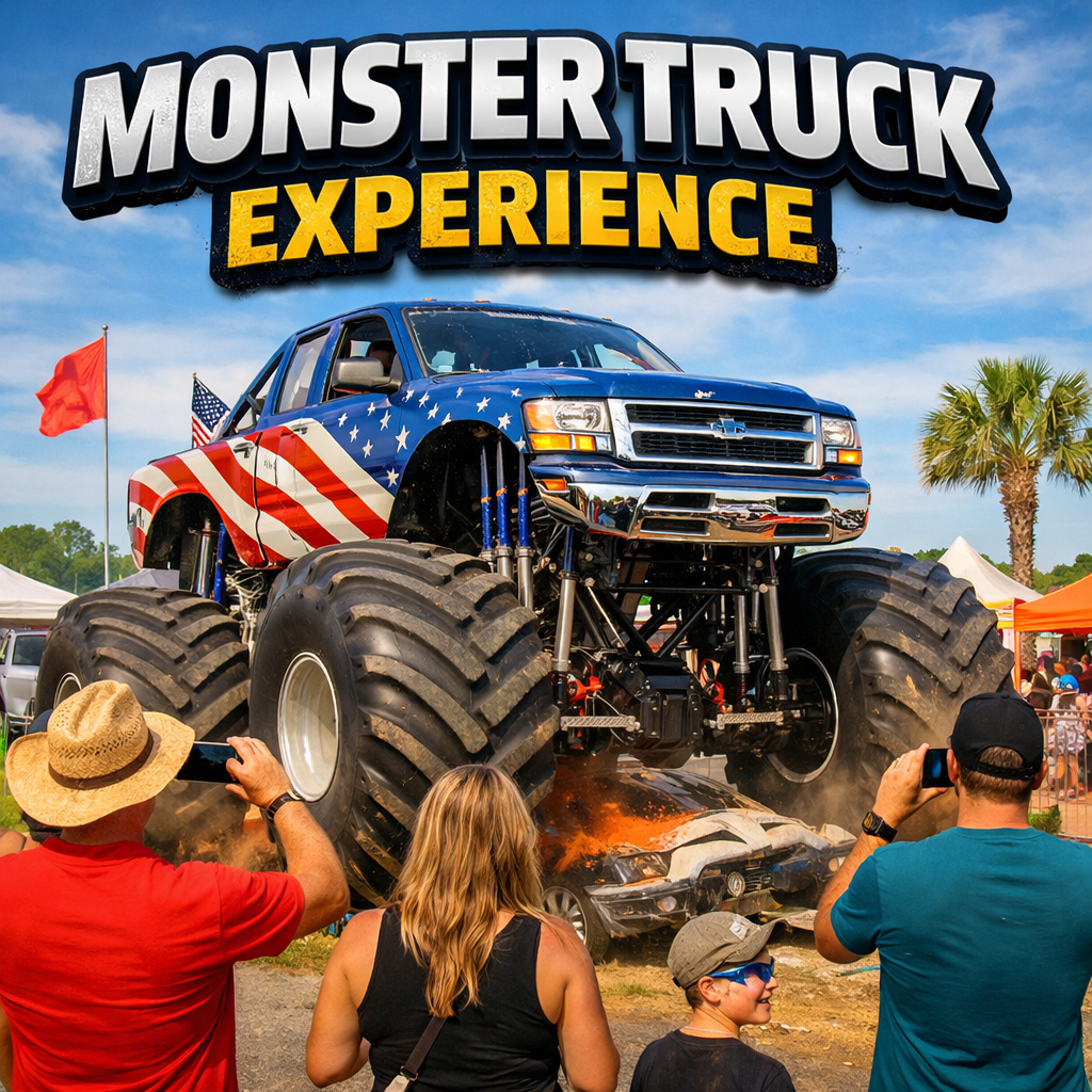 A monster truck with an American flag paint job drives over a crushed car at an outdoor event, watched by spectators.