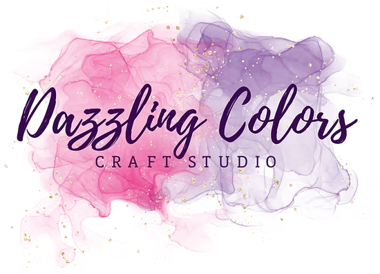 Logo with "Dazzling Colors Craft Studio" in cursive over pink and purple watercolor background.