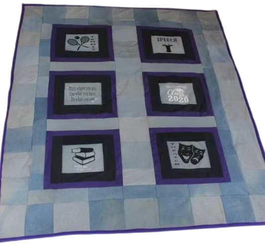 Quilt with six framed squares showing tennis rackets, speech, books, theatre masks, and