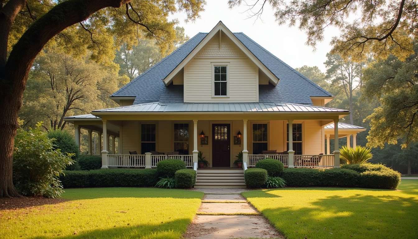 Cozy white farmhouse with a wraparound porch, centered on a tree-lined lawn