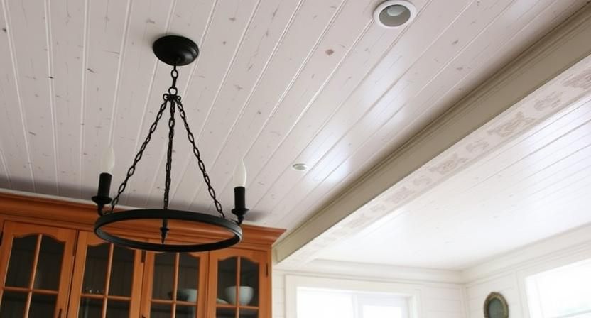 Black wrought-iron chandelier hanging from a white paneled ceiling in a bright room