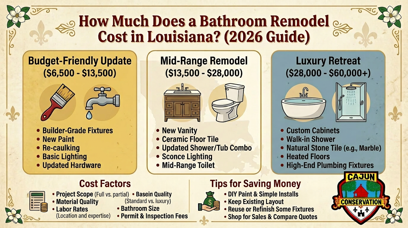 Bathroom remodel cost infographic comparing budget, mid-range, and luxury renovations in Louisiana, 2026.
