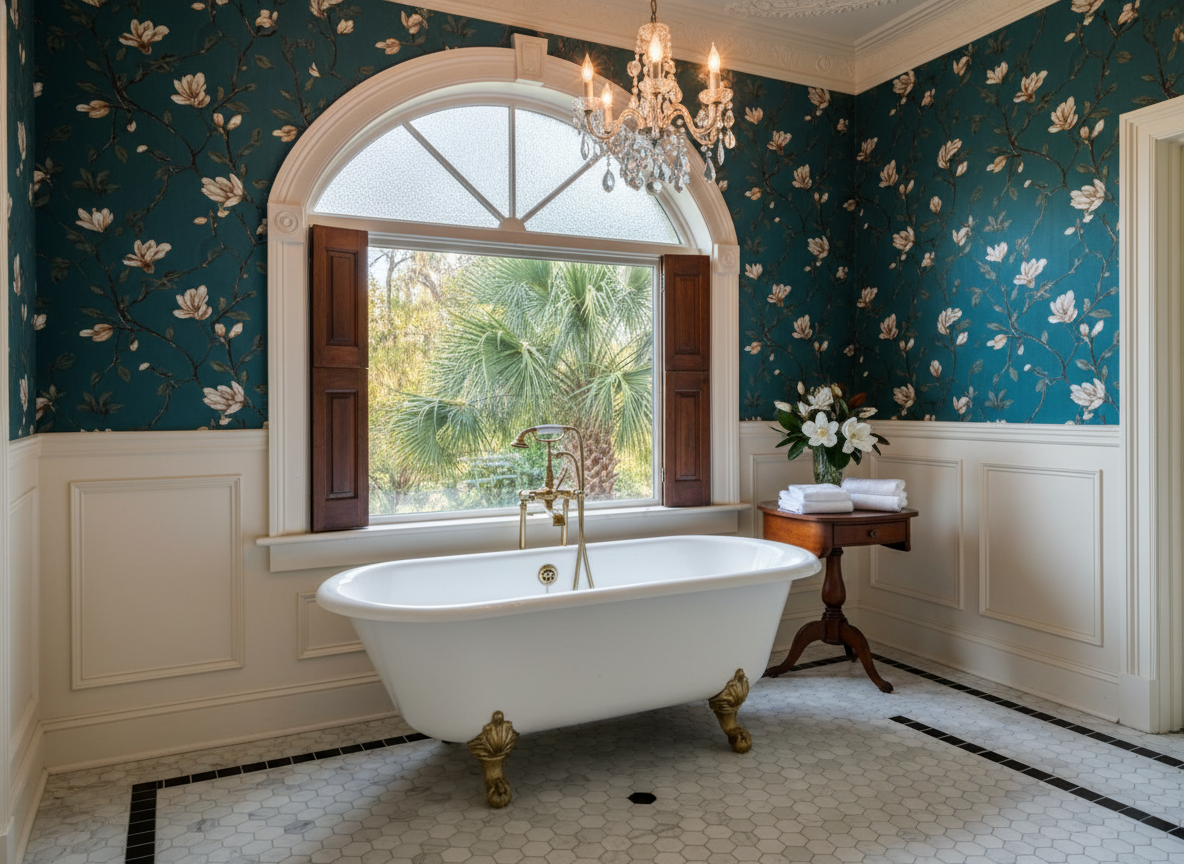 Elegant bathroom with a freestanding tub, floral wallpaper, and a window with garden view