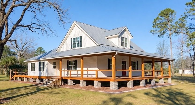 White farmhouse with wraparound porch on a sunny rural lot, surrounded by trees and grass