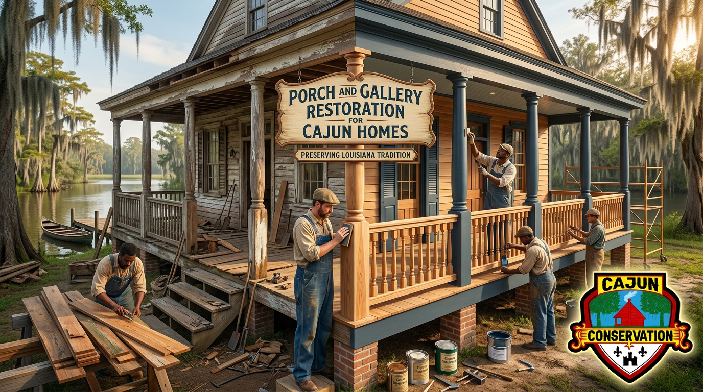 Porch of Cajun homes restoration shop with workers fixing a weathered house and a Cajun Homes sign