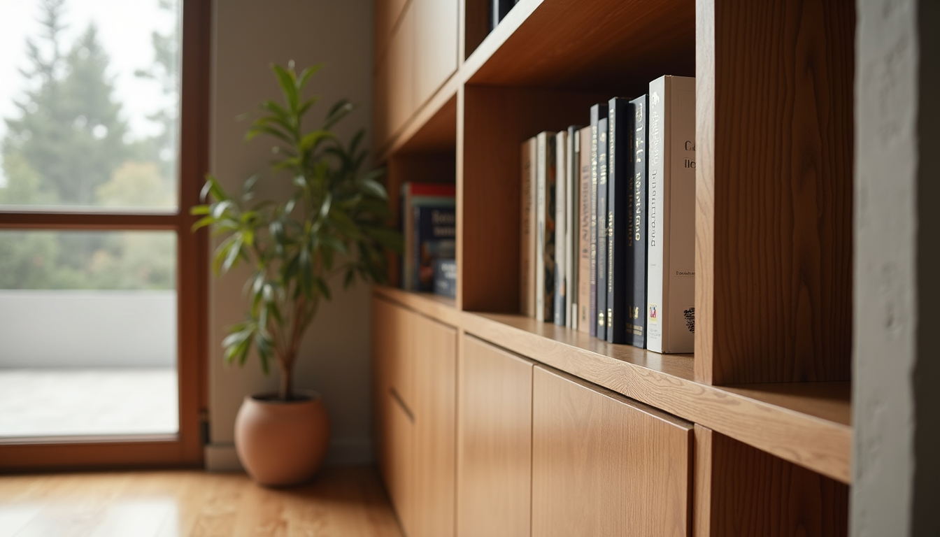 Wooden bookshelf beside a window, with a potted plant and books in a warm, minimalist room.