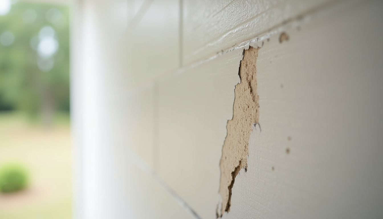 Peeling white painted wall with chipped plaster and visible damage near a doorway