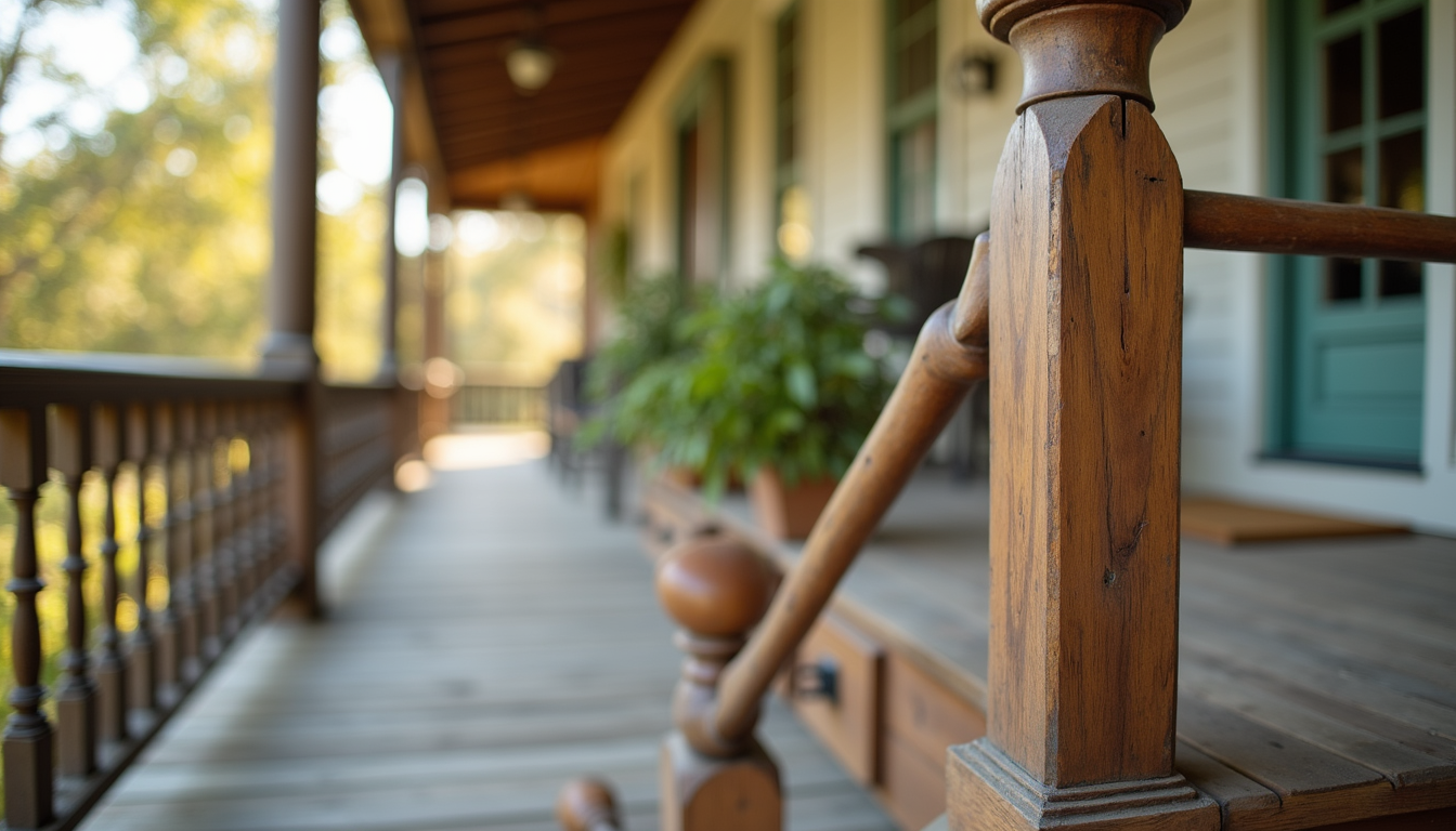Wooden porch railing beside a blurred farmhouse veranda with potted plants and a green door
