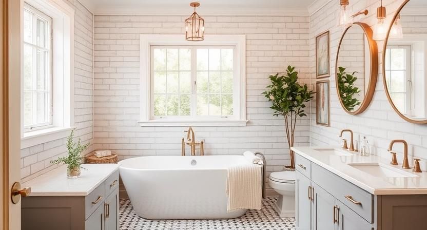 Bright, airy bathroom with freestanding tub, double vanity, brass fixtures, and patterned tile floor
