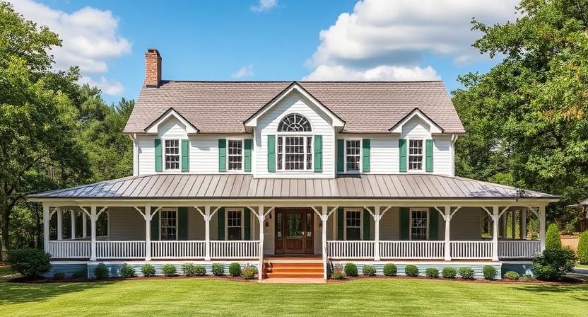 White farmhouse with wraparound porch and dormer windows on a green lawn under a blue sky
