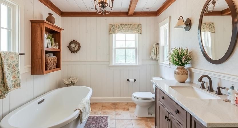Bright bathroom with clawfoot tub, vanity, toilet, window, and warm wood trim
