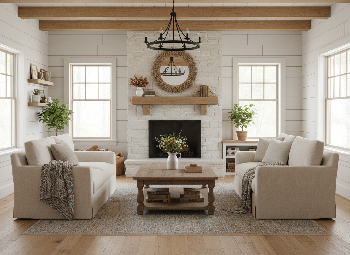 Bright living room with beige sofas, rustic fireplace, wooden beams, and neutral decor