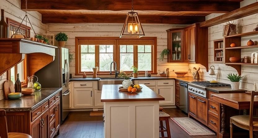 Warm rustic kitchen with wood beams, white island, copper accents, and a sunlit window over the sink