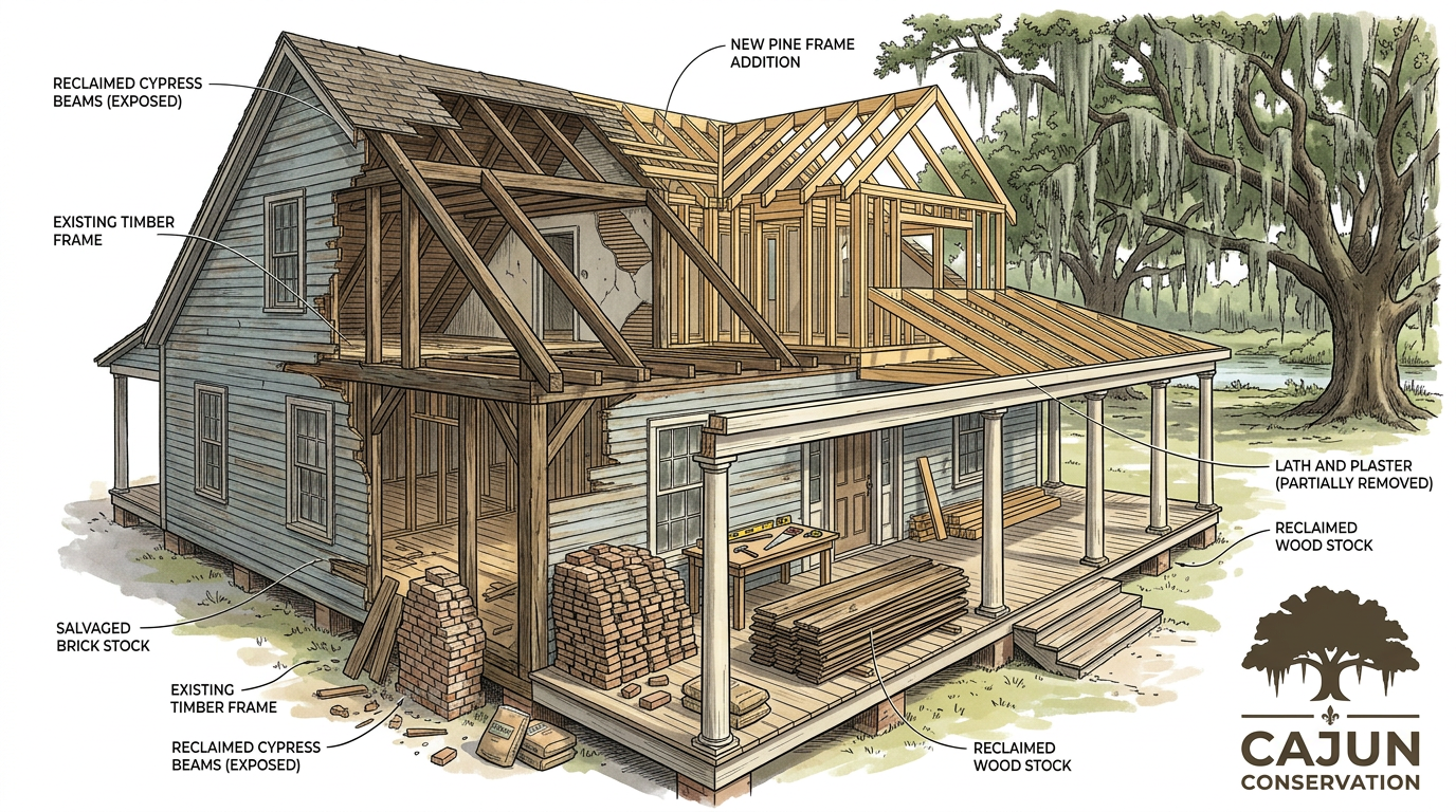 Cutaway illustration of a Cajun house showing exposed timber framing and porch structure.
