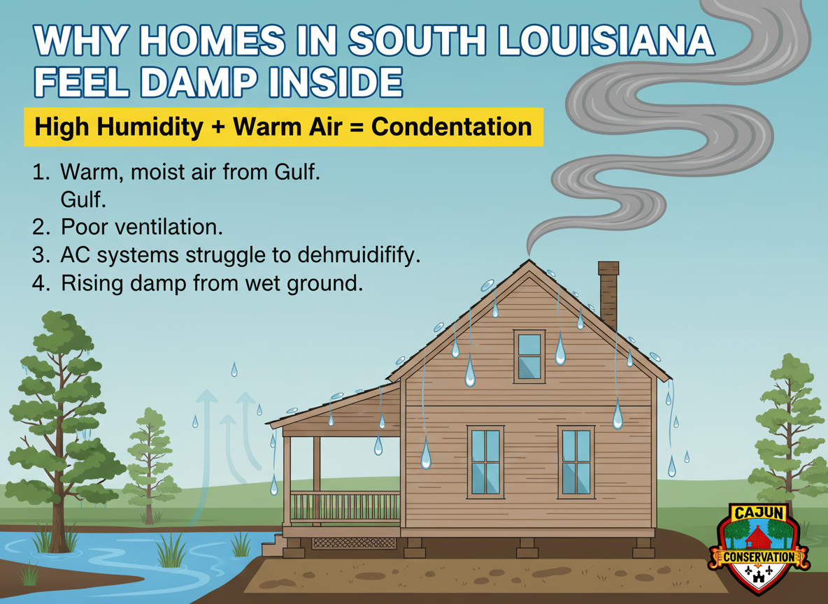 Infographic of a flooded Louisiana home explaining damp indoor air from high humidity, warm air, poor ventilation, and rising groundwater