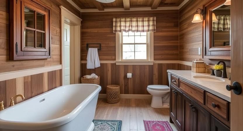 Cozy wood-paneled bathroom with a freestanding tub, vanity, toilet, and window above woven basket.