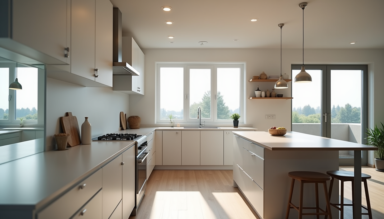 Bright modern kitchen with white cabinets, island, pendant lights, and large windows overlooking greenery