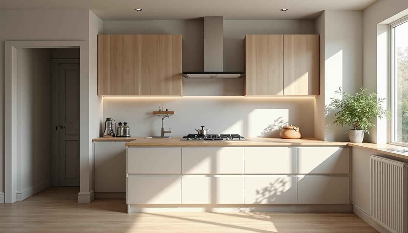 Bright modern kitchen with light wood cabinets, white island, and sunlight streaming through a large window