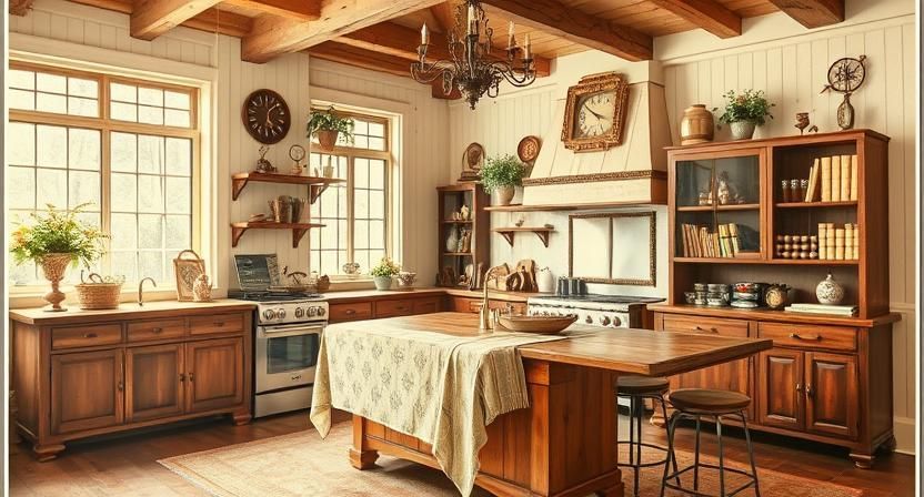 Warm rustic kitchen with wooden cabinets, sunlit windows, and a table covered by a patterned cloth