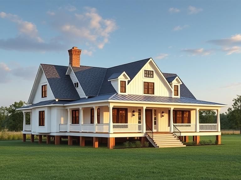Large white farmhouse with a wraparound porch and dark roof on a green lawn at sunset