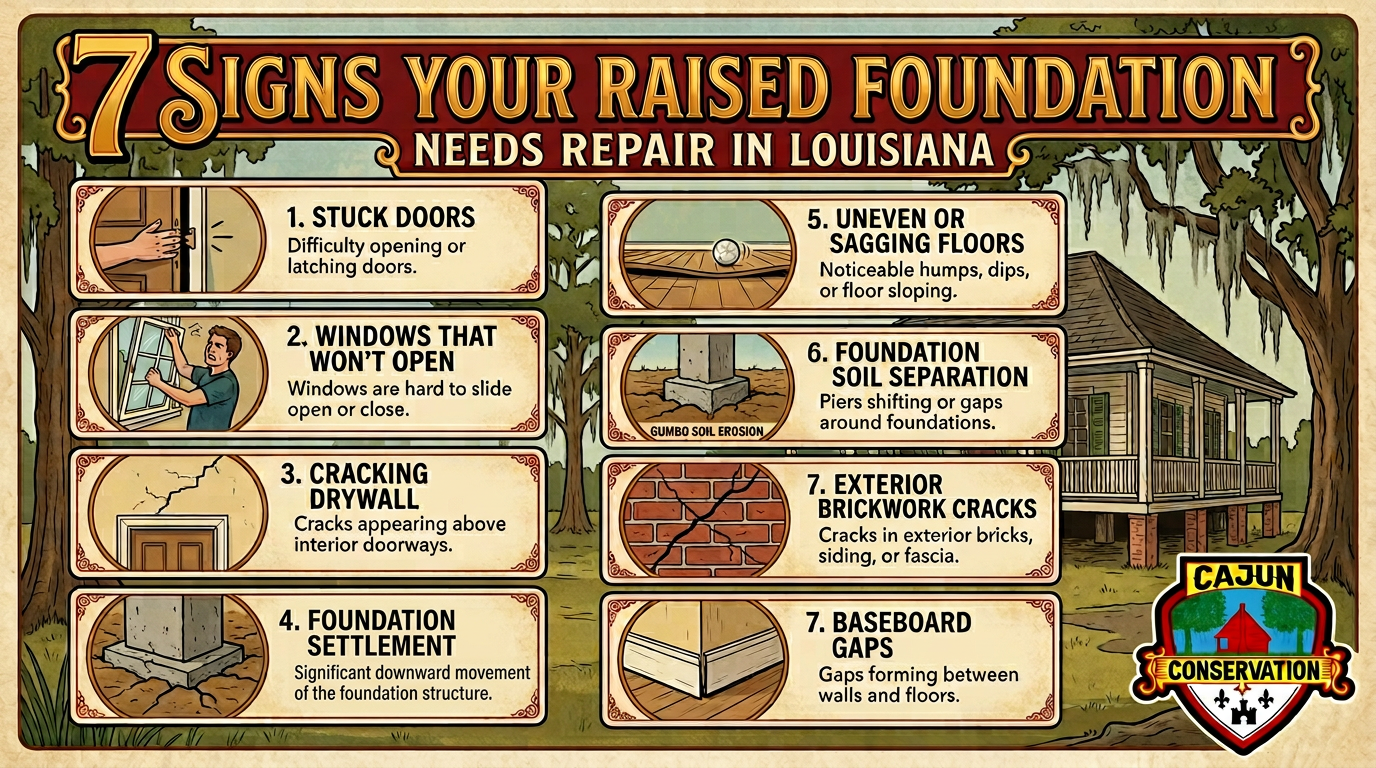 Infographic: 7 signs your raised foundation needs repair, with house drawings and tip boxes.