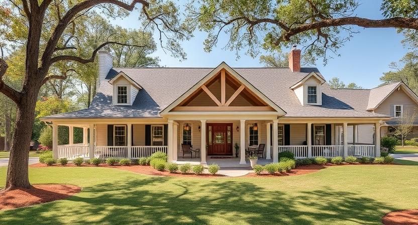 Large beige suburban house with a front porch, red-trimmed gables, and a manicured lawn under tall trees