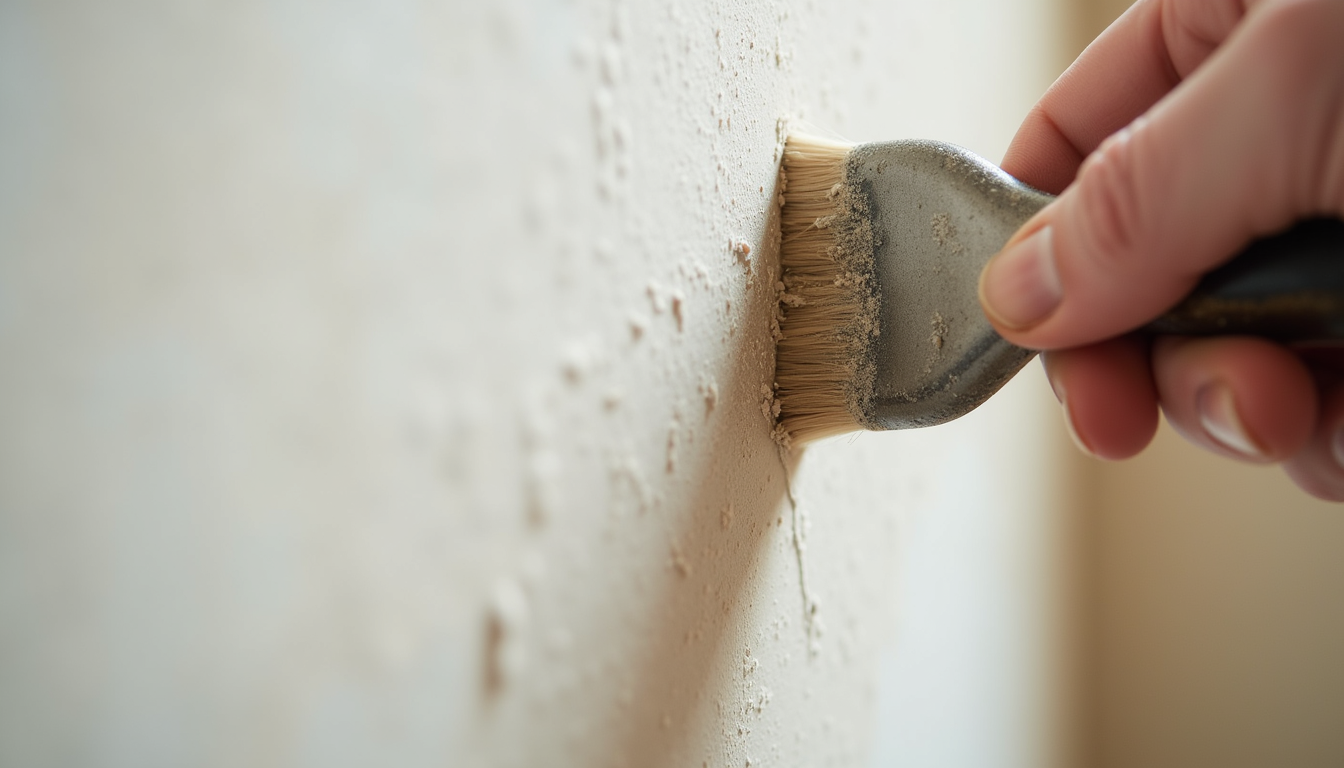 Hand using a paintbrush to apply beige paint to a white wall