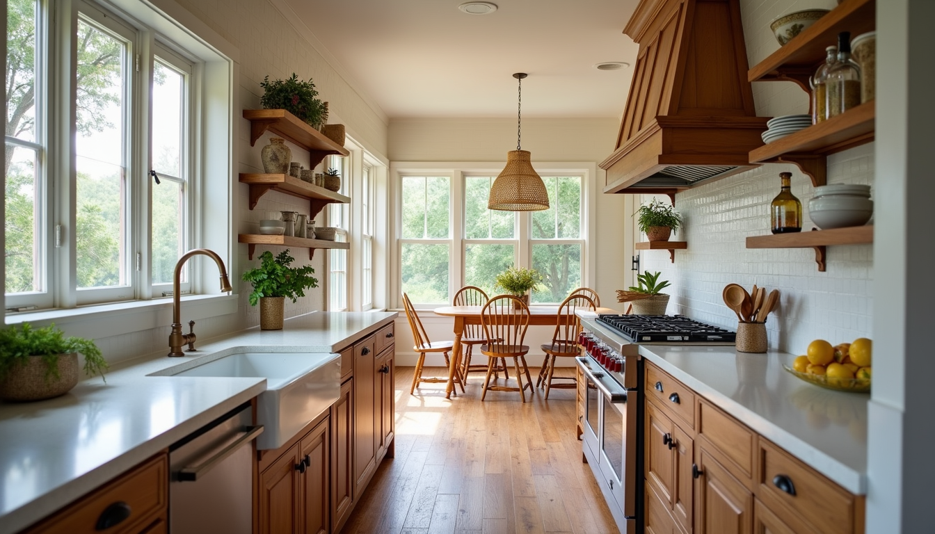 Bright kitchen with wooden cabinets, white counters, plants, and a dining table by a sunlit window.