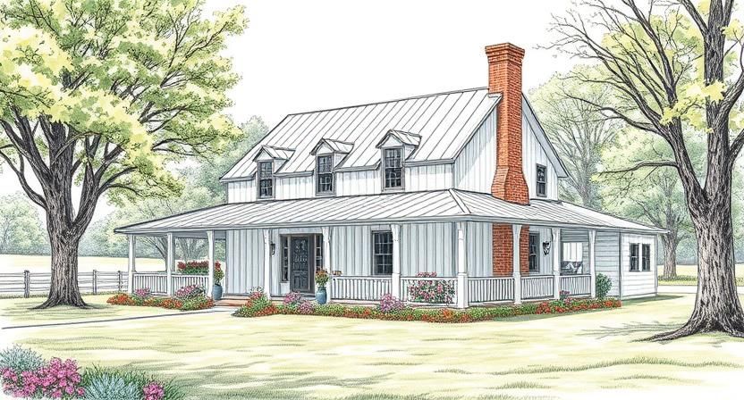 White farmhouse with red brick chimney and wraparound porch amid large trees on a grassy lawn