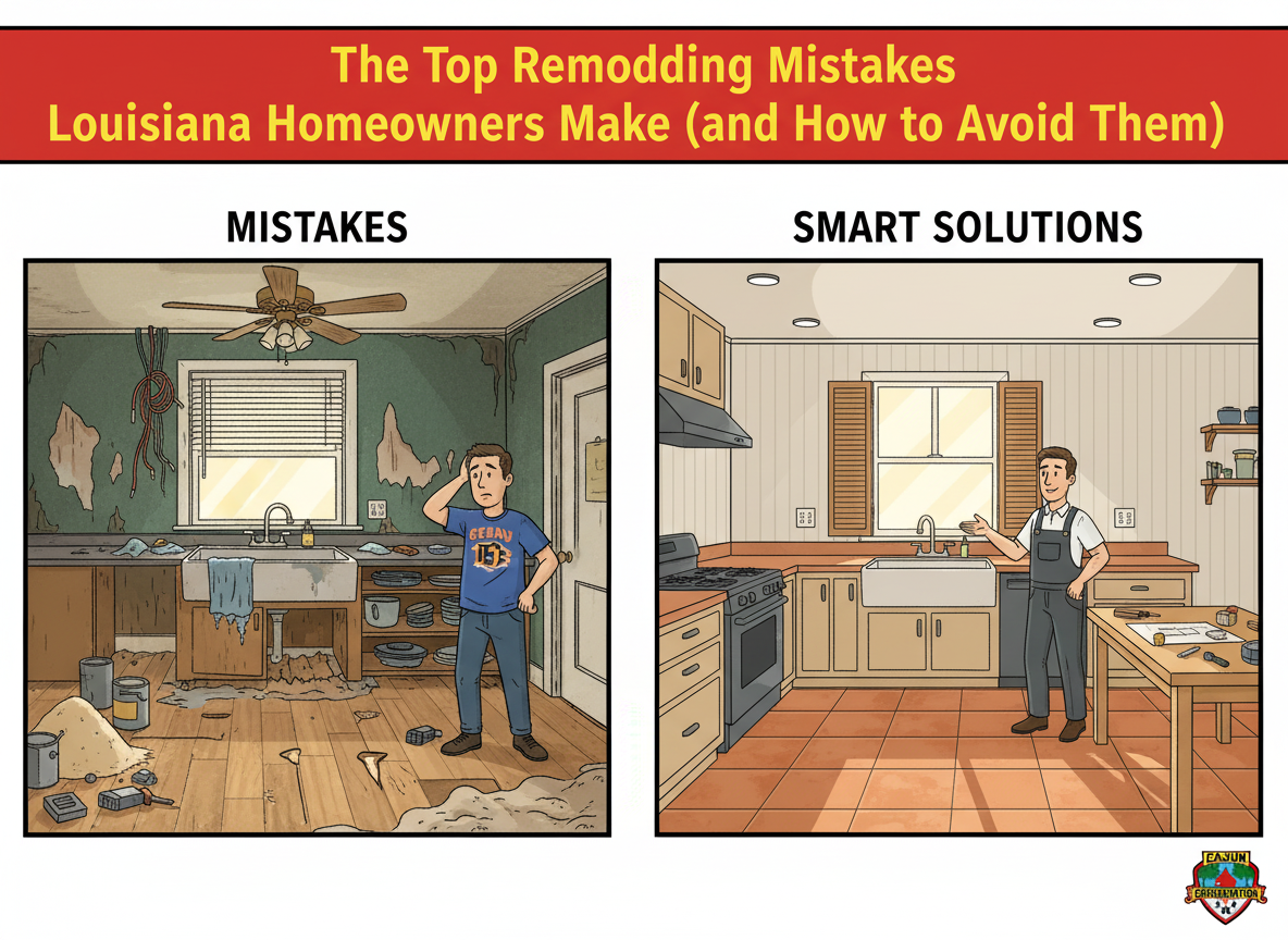 Infographic comparing kitchen remodeling mistakes with smart solutions in a damaged vs updated kitchen.