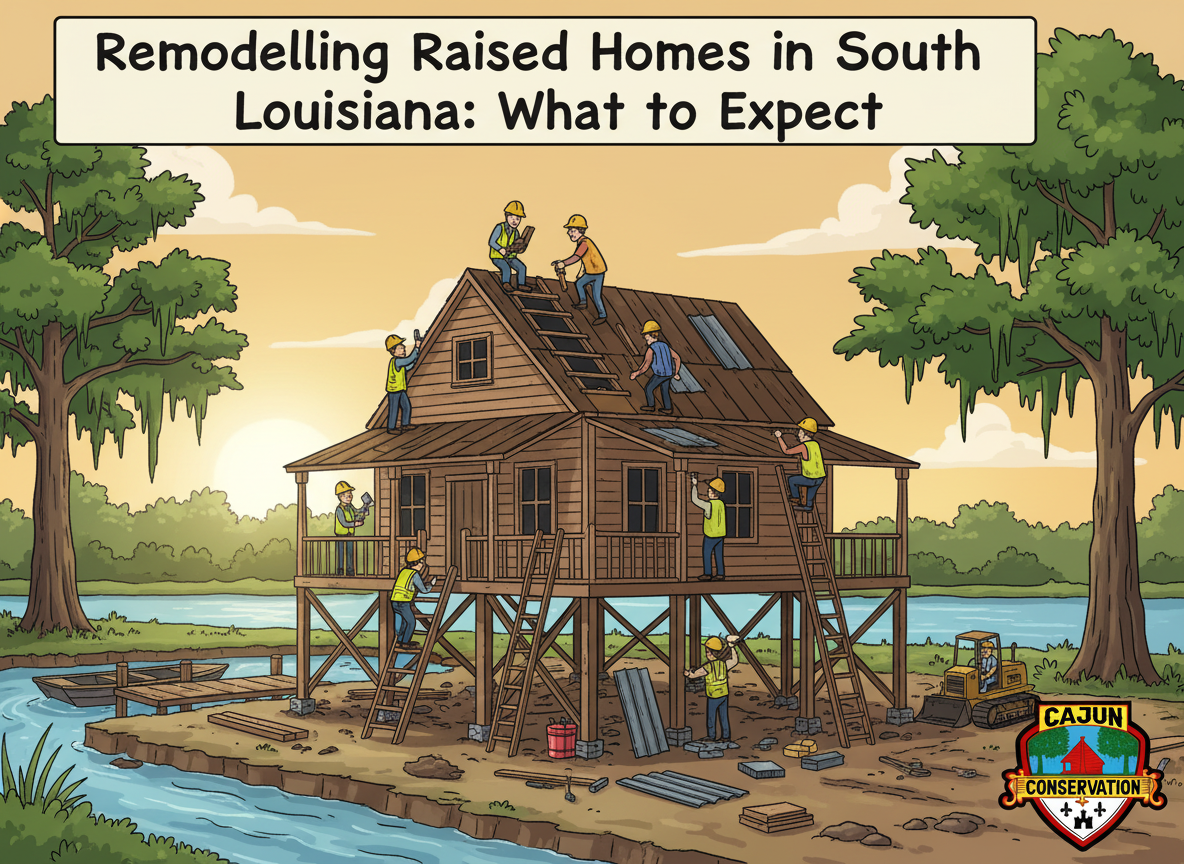 Text graphic of a raised house on stilts in a flooded Louisiana scene with the title “Remodelling Raised Homes in South Louisiana: What to Expect”