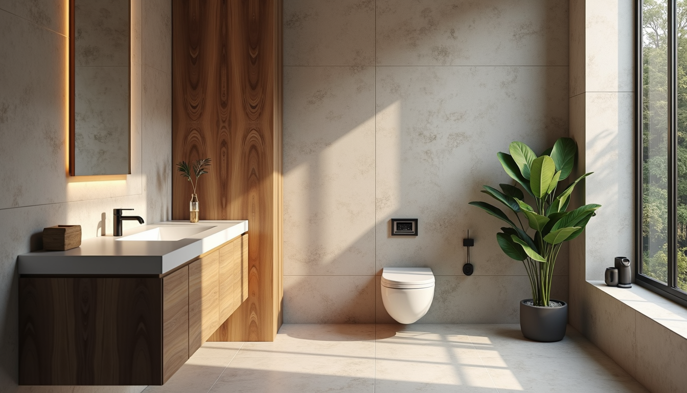 Modern bathroom with floating vanity, wooden door, toilet, and potted plant by a large window