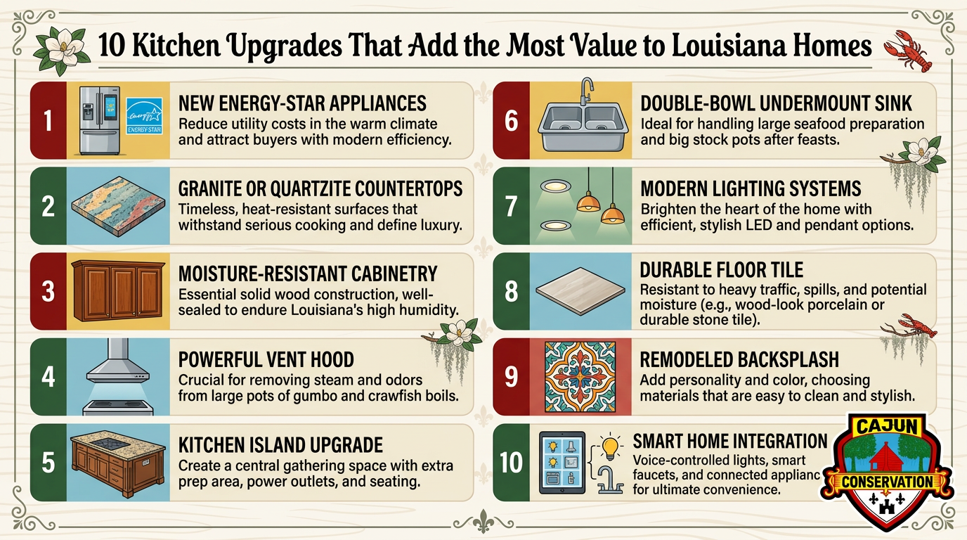 Infographic on 10 kitchen upgrades for Louisiana homes, with numbered tiles and product photos.