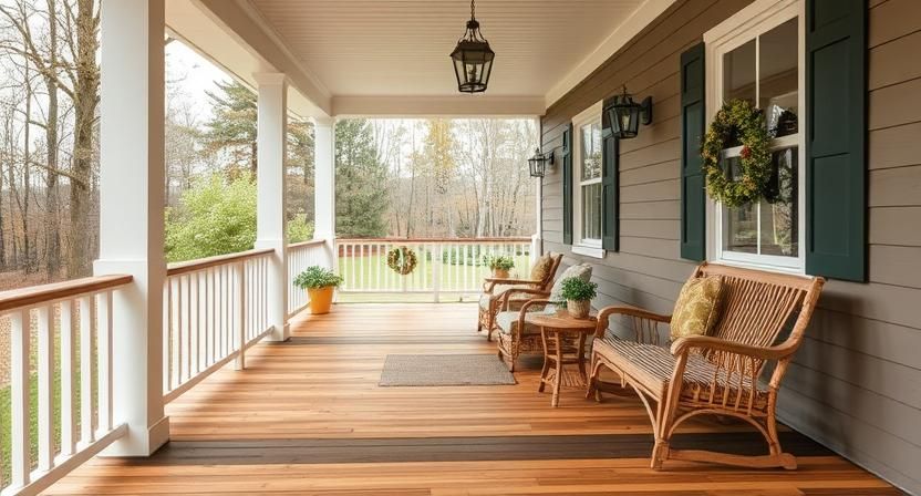 Covered porch with wicker chairs, wood flooring, and green shutters overlooking a wooded yard