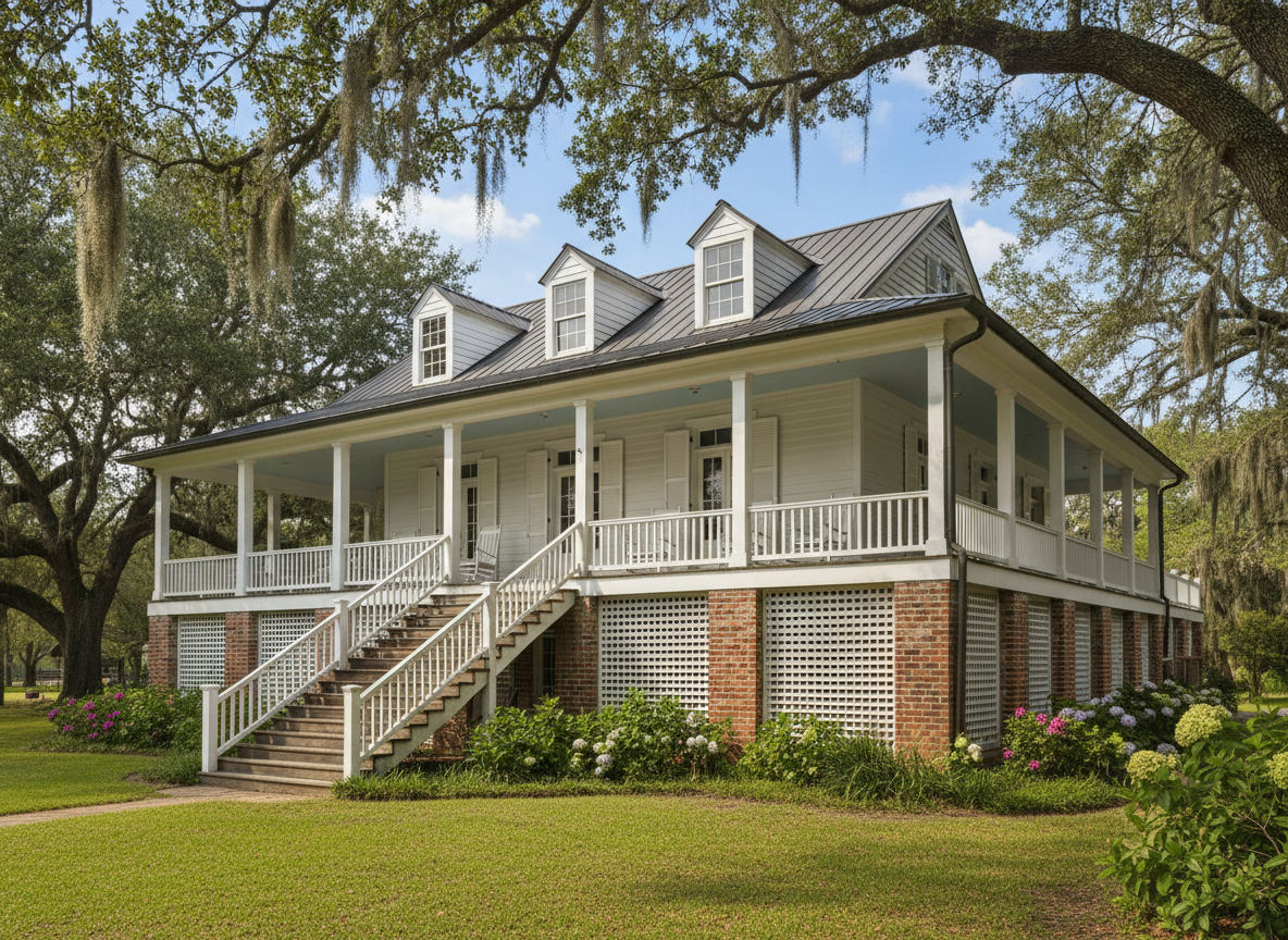 Historic white house with wraparound porch, brick foundation, and front steps under large trees