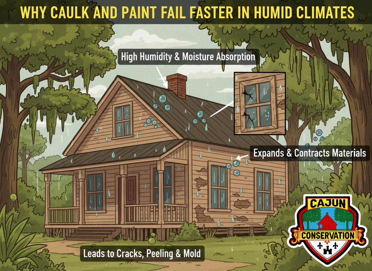 Infographic of a house showing how humid climates cause caulk and paint to fail faster.