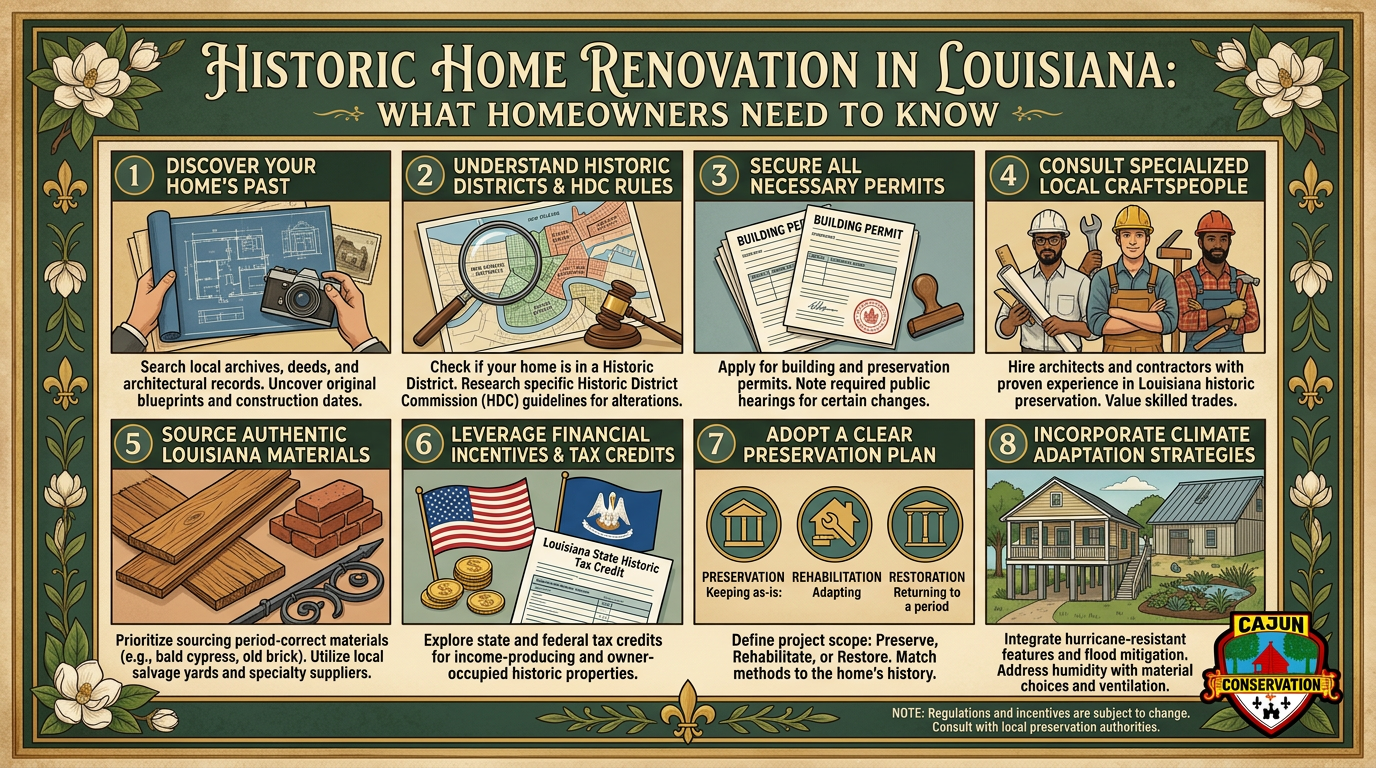 Infographic on historic home renovation in Louisiana, with illustrated tips, icons, and preservation guidance.