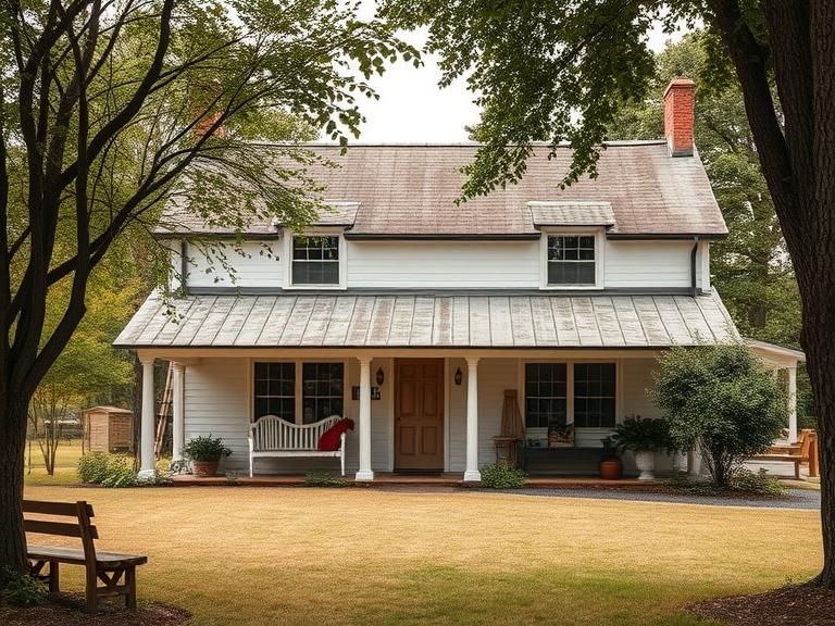 White farmhouse with porch and red chairs, framed by trees in a grassy yard.