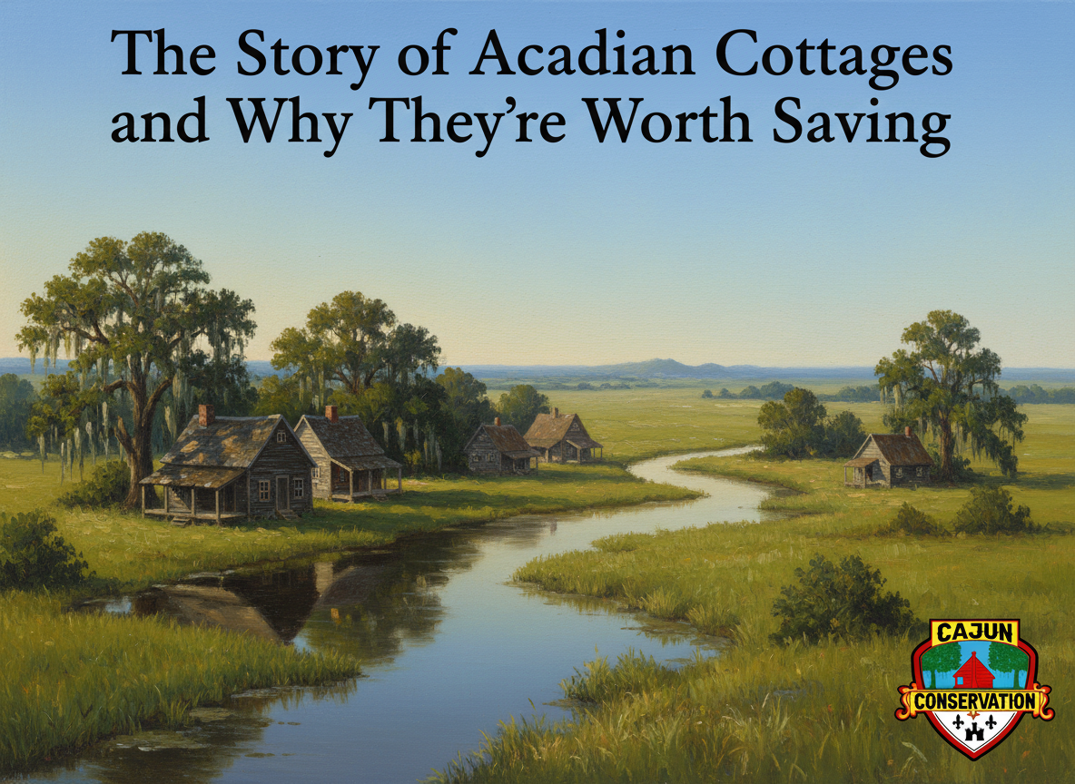 Title graphic of Acadian cottages beside a winding river in a green rural landscape, with text overlay.