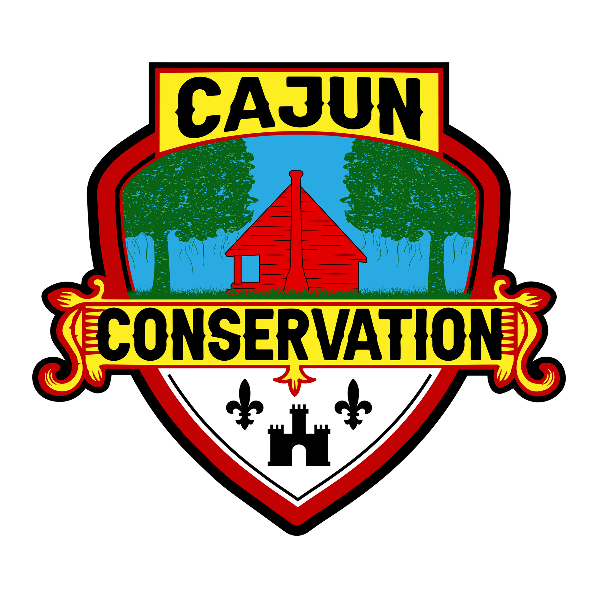 Cajun Conservation emblem with red cabin, trees, fleur-de-lis, and black shield on white background