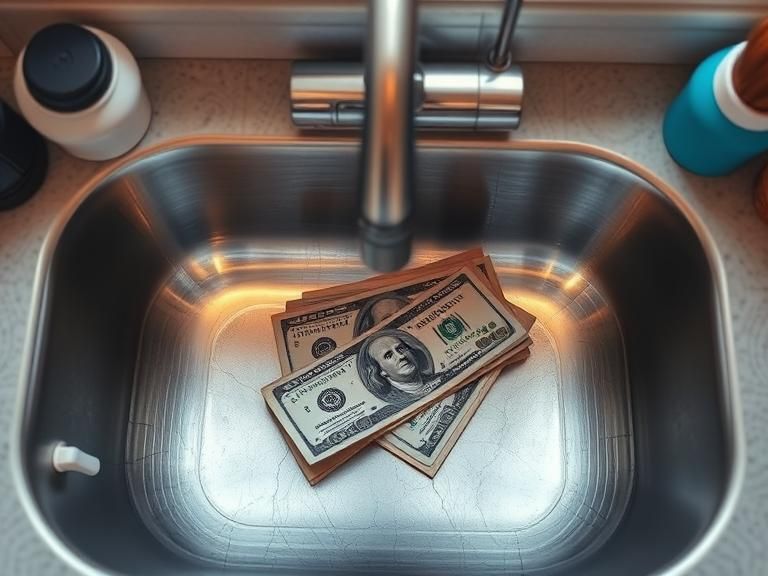 Cash in kitchen sink under faucet, with soap bottles nearby.