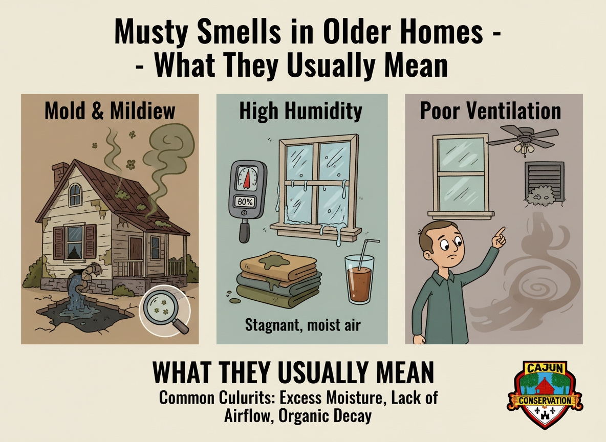 Infographic on musty smells in older homes: mold, high humidity, poor ventilation.
