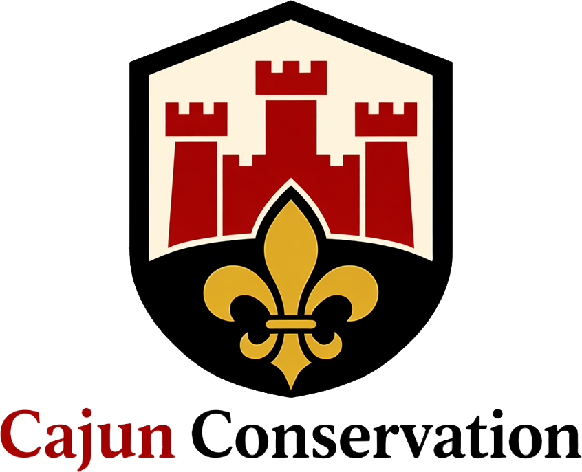 Cajun Conservation logo with red castle, gold fleur-de-lis, and black shield